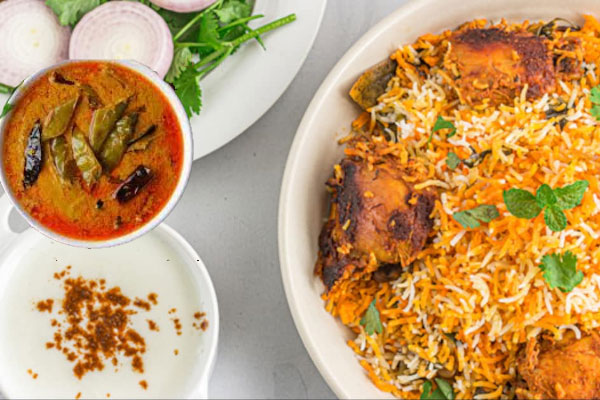 Chicken Briyani With Mirchi Ka Salan And Dahi Ki Chatni